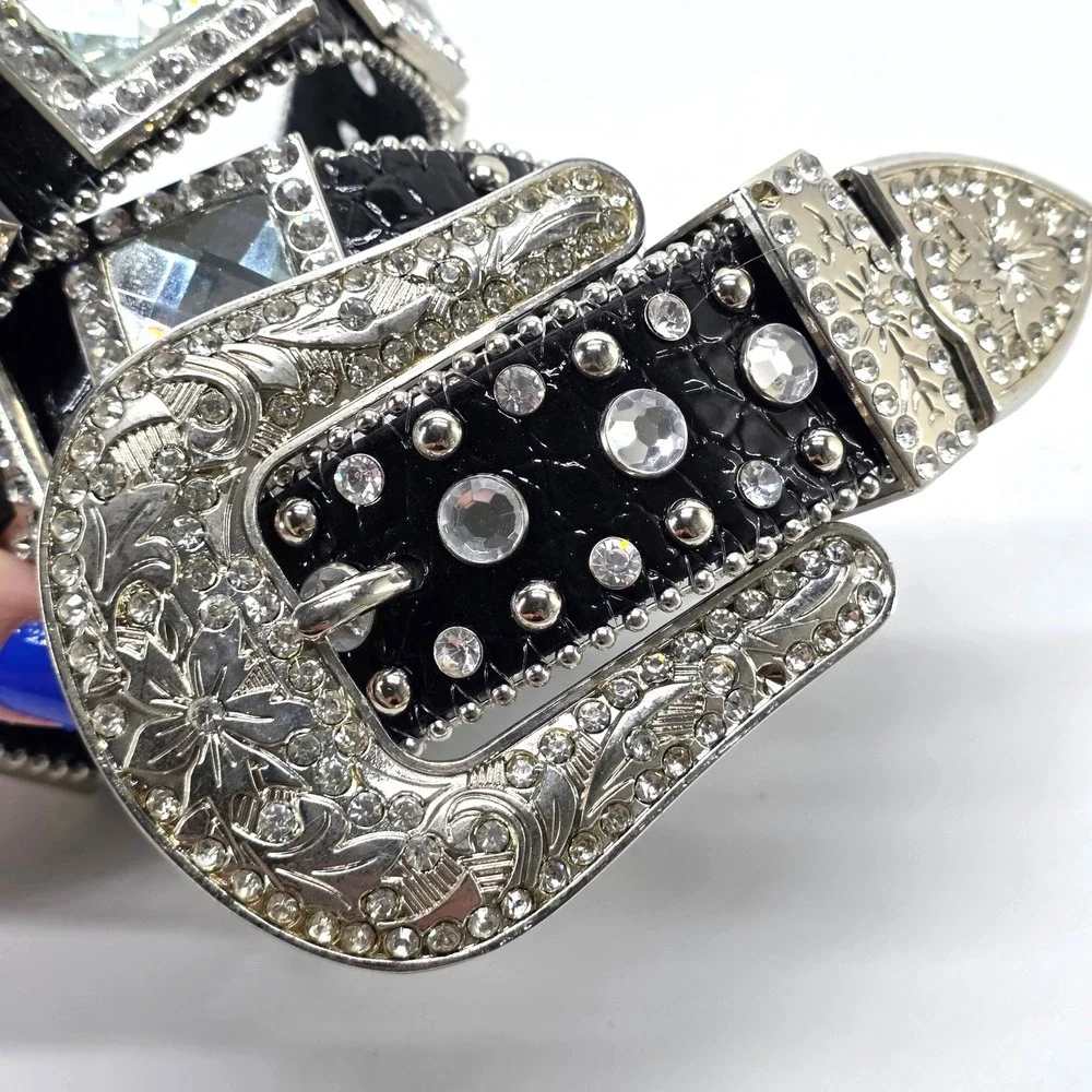 Black Leather Belt Rhinestone Crystal Western Bling Studded Large Y2K Rodeo Glam